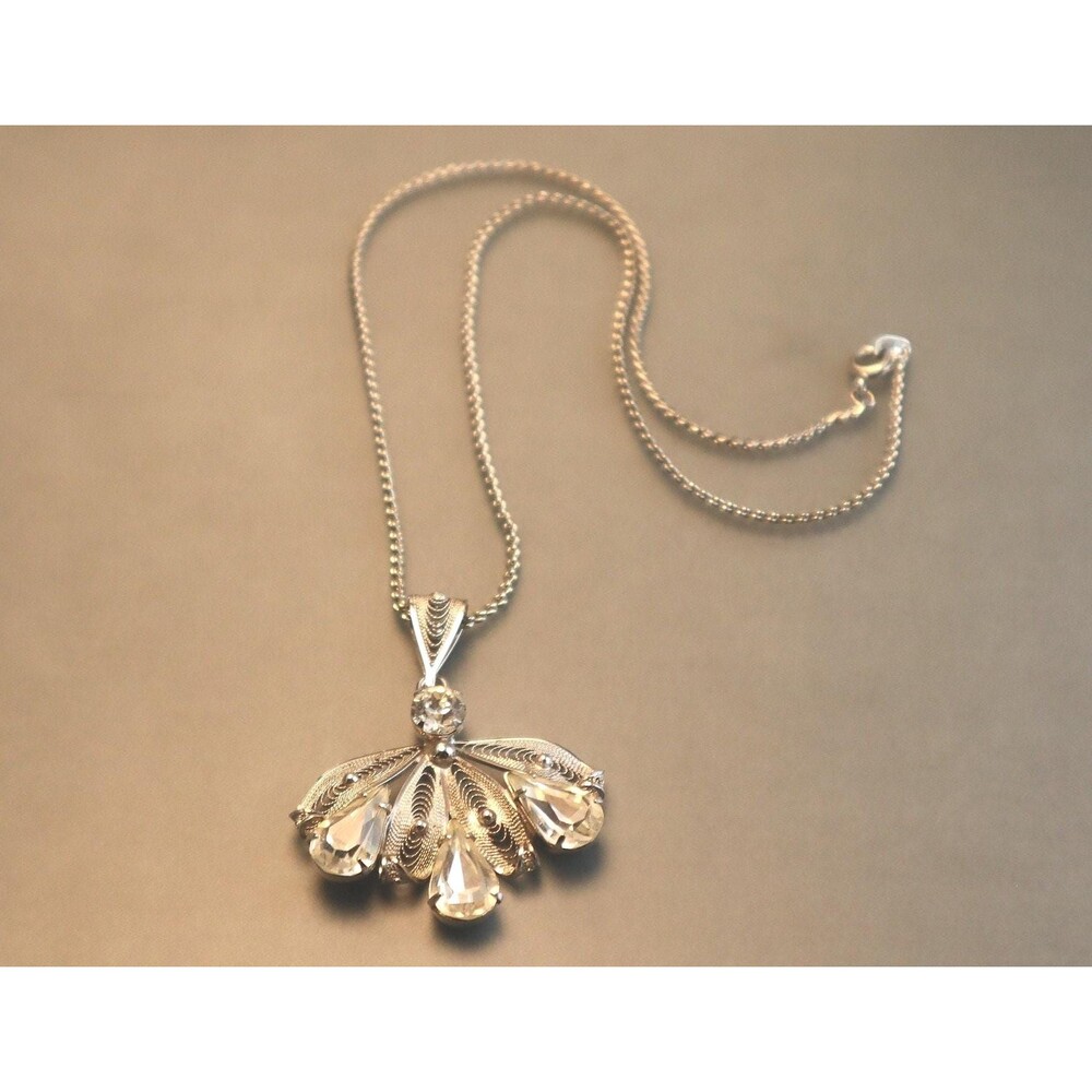 Sterling Rhinestone Filigree Pendant Necklace Marked Cameo